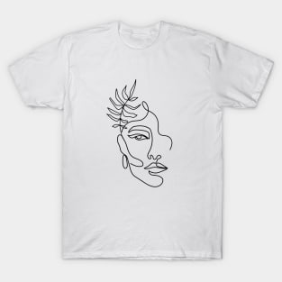 Minimal woman line art. One line woman face with tropical leaf. T-Shirt